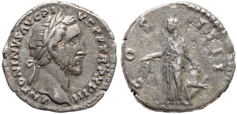 Ancient Roman coin of Antoninus Pius AR silver denarius - COS IIII