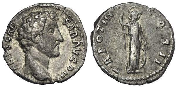 Ancient Roman coin of Marcus Aurelius AR silver denarius - TR POT III COS II