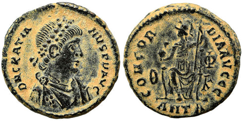 Ancient Roman coin of the Emperor Gratian minted in Antioch - CONCORDIA AVGGG