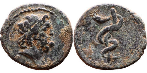 Ancient Greek coin with Asklepios and a coiled serpent
