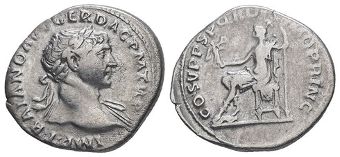 Ancient Roman silver coin of the Emperor Trajan 98-117 AD