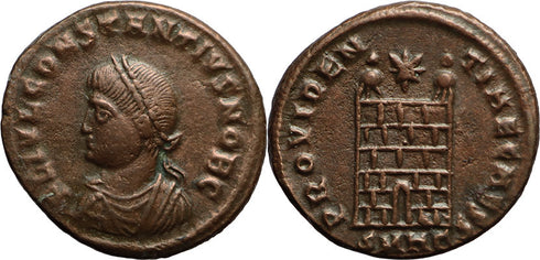 Ancient Roman coin of Constantius II as Caesar - PROVIDENTIAE CAESS - Campgate with 6 levels