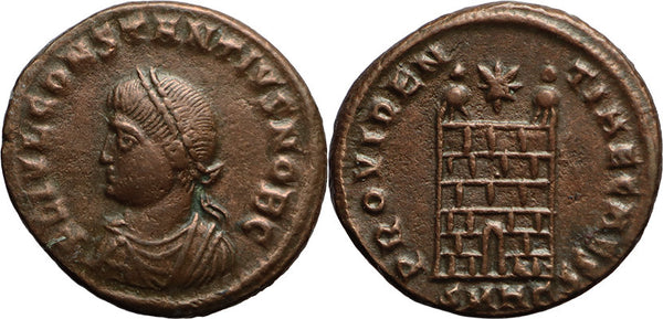 Ancient Roman coin of Constantius II as Caesar - PROVIDENTIAE CAESS - Campgate with 6 levels