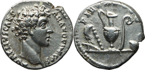 Ancient Roman silver coin of Marcus Aurelius as Caesar - PIETAS AVG - Sacrificial Implements