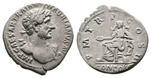 Ancient Roman silver denarius of Hadrian minted in Rome 121-123 AD