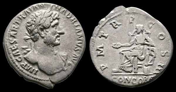 Ancient Roman silver denarius of Hadrian minted in Rome 121-123 AD