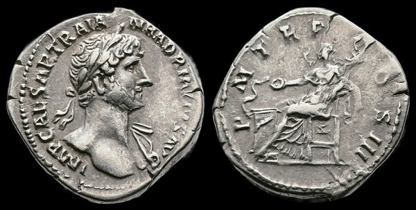 Ancient Roman silver denarius of Hadrian minted in Rome in 118 AD