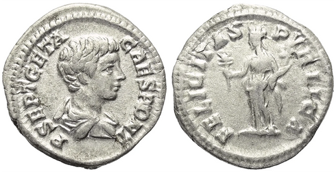 Ancient Roman silver denarius of Geta as Caesar