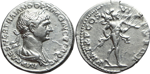 Ancient Roman silver coin of the Emperor Trajan minted in Rome in 114-117 AD