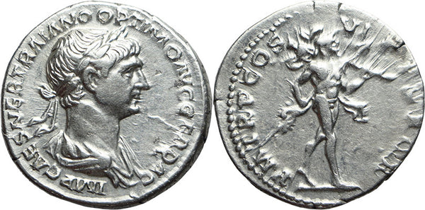 Ancient Roman silver coin of the Emperor Trajan minted in Rome in 114-117 AD