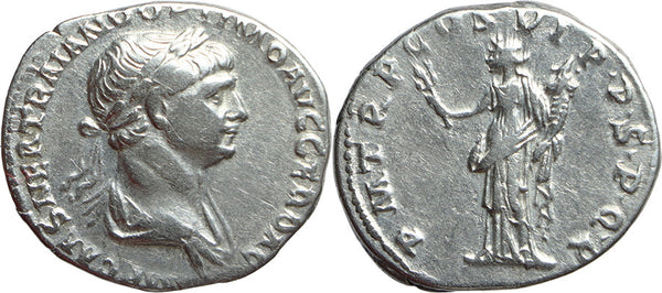 Ancient Roman silver coin of the Emperor Trajan minted in Rome in 114-116 AD