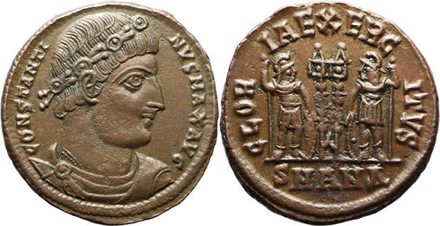 VF+ Ancient Roman coin of Constantine I minted in Antioch - GLORIA EXERCITVS