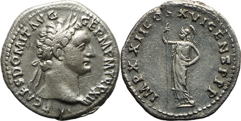 Ancient Roman silver coin of the Emperor Domitian with Minerva