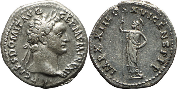 Ancient Roman silver coin of the Emperor Domitian with Minerva