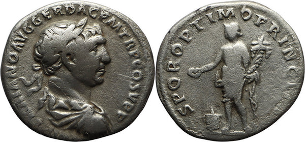 Ancient Roman silver coin of the Emperor Trajan minted in Rome