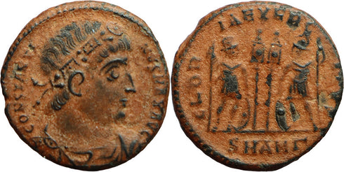 Ancient Roman coin of Constantine I minted in Antioch - GLORIA EXERCITVS - Desert patina