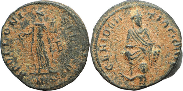 Ancient Roman coin of Maximinus II Daia - Tyche and River God Orontes and Apollo