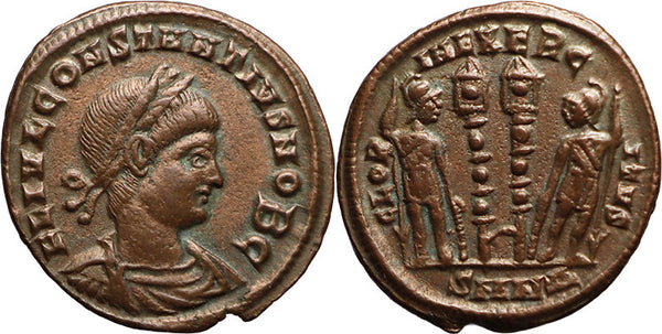 Ancient Roman coin of Constantius II minted in Nicomedia - GLORIA EXERCITVS - Youthful portrait