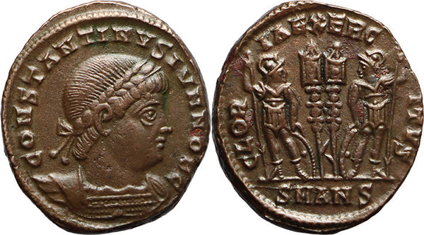 Ancient Roman coin of Constantine II minted in Antioch - GLORIA EXERCITVS - beautifully detailed!