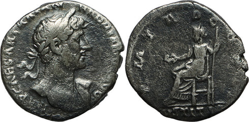 Ancient Roman silver denarius of the Emperor Hadrian minted in Rome