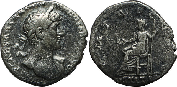 Ancient Roman silver denarius of the Emperor Hadrian minted in Rome