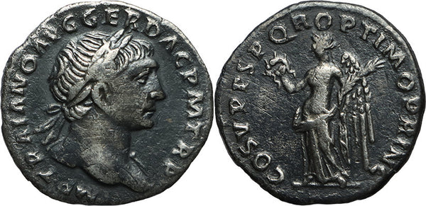 Ancient Roman silver coin of the Emperor Trajan minted in Rome