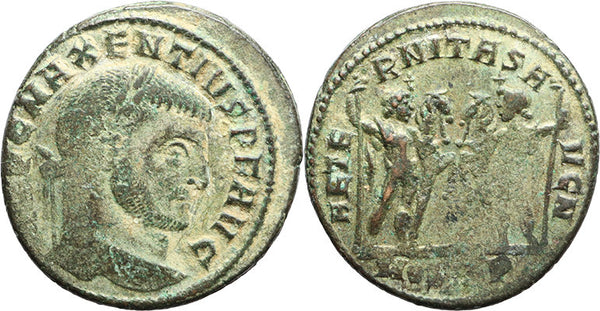 Ancient Roman coin of Maxentius minted in Ostia, Italy - most of the original silvering remains