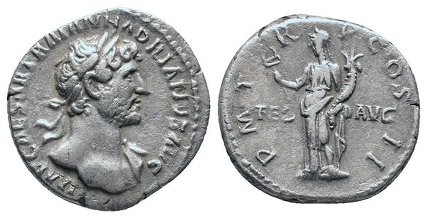 Ancient Roman silver denarius of Hadrian minted in Rome
