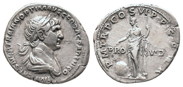 Ancient Roman silver coin of the Emperor Trajan minted in Rome
