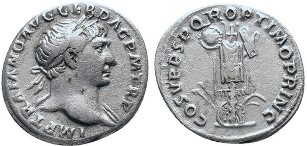 Ancient Roman silver coin of the Emperor Trajan minted in Rome