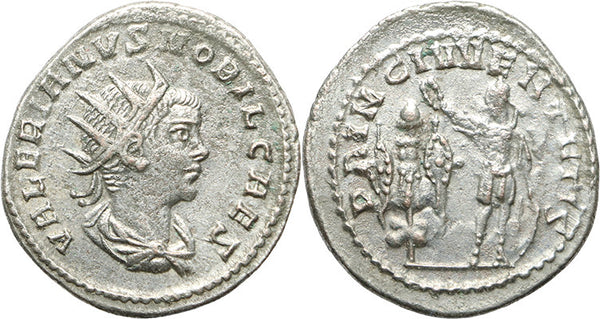 Ancient Roman silvered coin of Valerian II as Caesar minted in Antioch 254-255AD