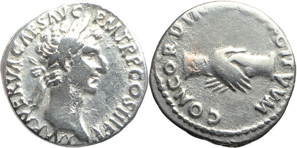 Ancient Roman silver denarius of Nerva - CONCORDIA EXERCITVVM