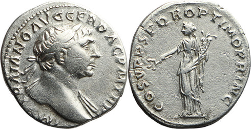 Ancient Roman silver coin of the Emperor Trajan minted in Rome