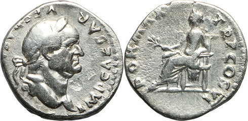 Ancient Roman silver denarius of the Emperor Vespasian minted in Rome in 75 AD