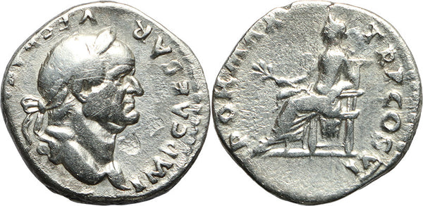 Ancient Roman silver denarius of the Emperor Vespasian minted in Rome in 75 AD