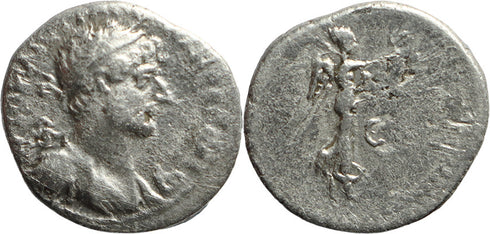 Ancient Roman silver coin of the Emperor Hadrian minted in Caesaria, Cappadocia - Nike