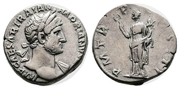 Ancient Roman silver denarius of the Emperor Hadrian minted in Rome in 119-122 AD