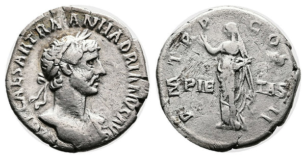 Ancient Roman silver denarius of the Emperor Hadrian minted in Rome in 118 AD