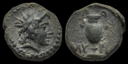 Ancient Greek bronze coin minted in Myrina, Aeolis - Helios and Amphora