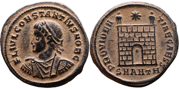 VF++ Ancient Roman coin of Constantius II as Caesar - PROVIDENTIAE CAESS - Campgate with 8 levels (Copy)