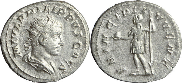 Ancient Roman silver coin of the Philip II as Caesar