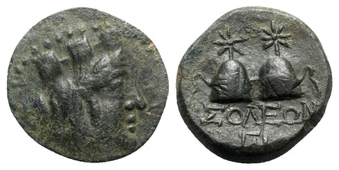 Ancient Greek coin from Soloi, Cilicia - Tyche and Piloi of the Dioskouri