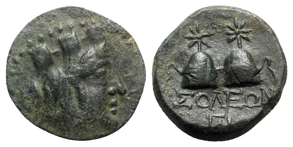 Ancient Greek coin from Soloi, Cilicia - Tyche and Piloi of the Dioskouri