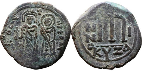 Ancient Byzantine coin of the Emperor Phocas and Leontia AE follis minted in Cyzicus