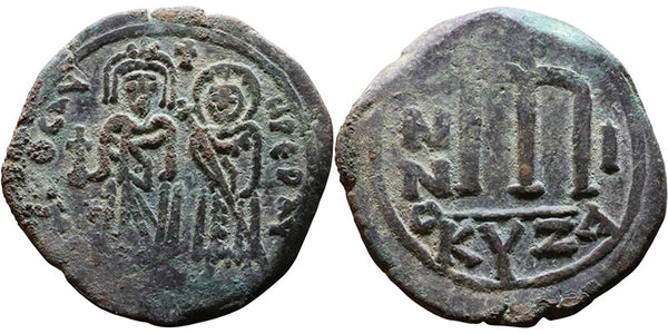 Ancient Byzantine coin of the Emperor Phocas and Leontia AE follis minted in Cyzicus