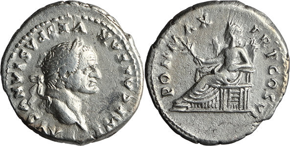 Ancient Roman silver denarius of the Emperor Vespasian minted in Rome