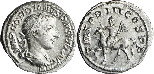 EF Ancient Roman silver coin of the Emperor Gordian III on Horseback