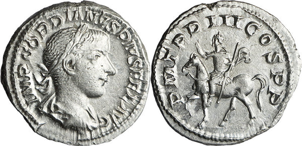 EF Ancient Roman silver coin of the Emperor Gordian III on Horseback