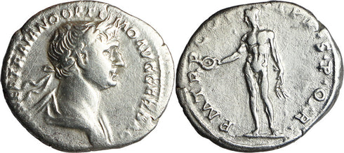 Ancient Roman silver coin of the Emperor Trajan minted in Rome