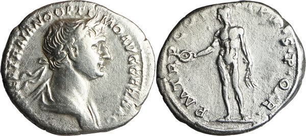 Ancient Roman silver coin of the Emperor Trajan minted in Rome
